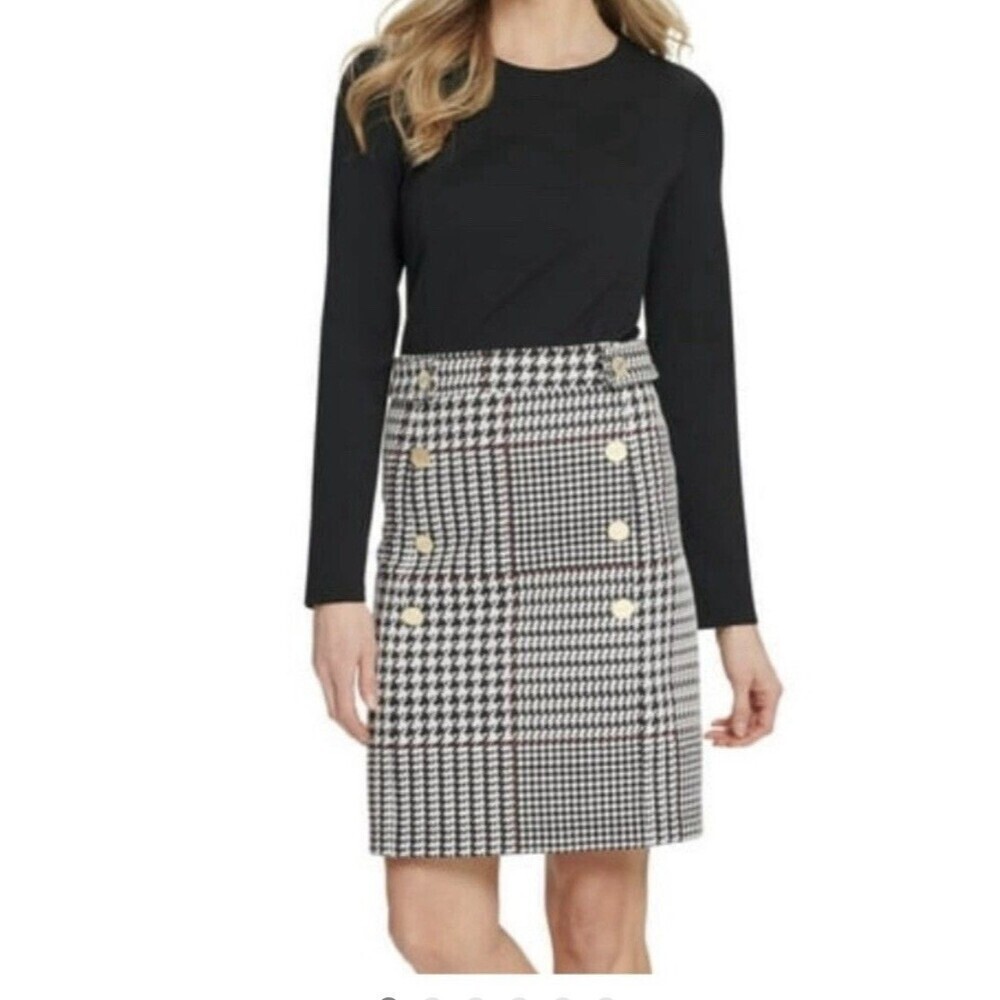 DKNY Black/White Dress Houndstooth Color Block Sheath Knee Length Women's Size 8